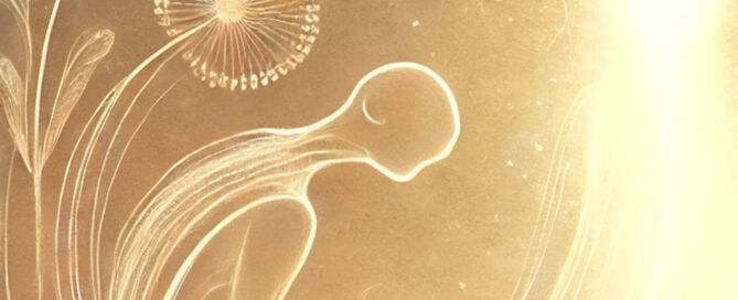 Eine schemenhaft gebeugte Person wird schwungvoll aufrecht - neben sich Pflanzen und blühten.